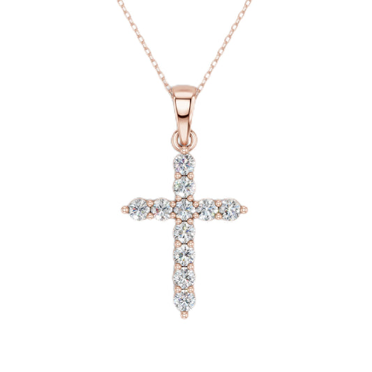 Lab Grown Diamond Double Prong Cross Pendant Necklace for Women | 0.25 - 1.00 Carat Round Cut F-G/VS Diamonds | Solid 10K/14K/18K Rose, White, Yellow Gold | 18 Inch Chain Religious Jewelry Gift