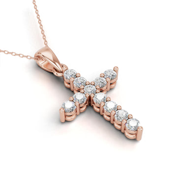 Lab Grown Diamond Double Prong Cross Pendant Necklace for Women | 0.25 - 1.00 Carat Round Cut F-G/VS Diamonds | Solid 10K/14K/18K Rose, White, Yellow Gold | 18 Inch Chain Religious Jewelry Gift