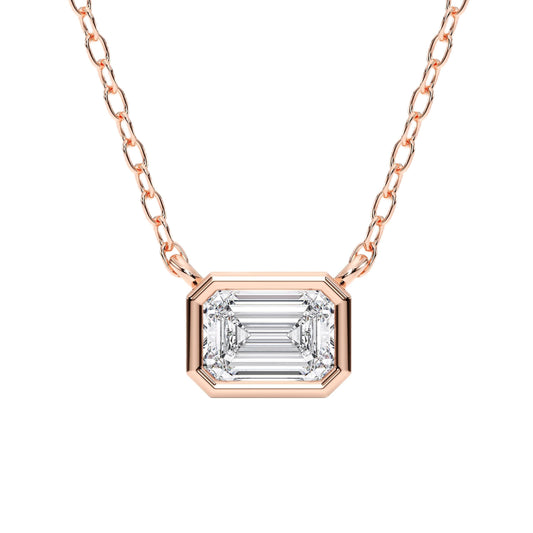 1 Carat East West Emerald Cut Lab Grown Diamond Solitaire Pendant | Solid 10K 14K 18K Gold | Bezel Set Horizontal Necklace in Rose, White, or Yellow Gold | Timeless Fine Jewelry Gift for Her