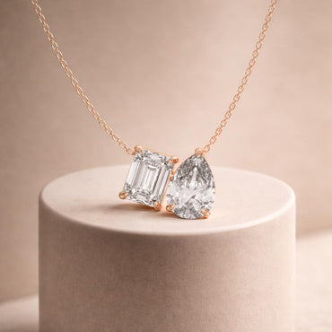 Derosa Jewels Two-Stone Diamond Duo Pendant Necklace for Women, Emerald & Pear Cut Lab-Grown Diamond – 10K 14K 18K Gold & 14K White Gold with Sterling Silver Chain