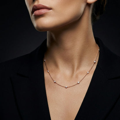 Derosa Jewels Lab Grown Diamond Station Necklace 4 CT Total (15 Stone) – 10K 14K 18K Solid Gold, Bezel Set Round Diamonds, 16"+2" Adjustable Chain, Yellow White Rose Gold