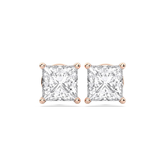 Certified 2-5 Carat Princess Cut Diamond Stud Earrings for Women – Push Back Solitaire Princess Diamond Studs in 10K, 14K & 18K Gold – Rose, White and Yellow Gold
