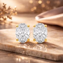Certified 2-5 Carat Oval Cut Diamond Stud Earrings for Women – Classic Solitaire 4 Prong Setting – 10K, 14K & 18K – White Gold, Yellow Gold & Rose Gold
