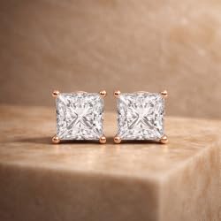 Certified 2-5 Carat Princess Cut Diamond Stud Earrings for Women – Push Back Solitaire Princess Diamond Studs in 10K, 14K & 18K Gold – Rose, White and Yellow Gold
