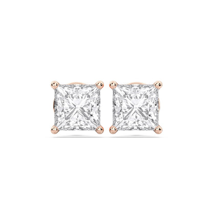 Certified 2-5 Carat Princess Cut Diamond Stud Earrings for Women – Push Back Solitaire Princess Diamond Studs in 10K, 14K & 18K Gold – Rose, White and Yellow Gold