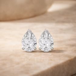 Certified 2-5 Carat Pear Cut Diamond Stud Earrings for Women – Classic Solitaire 3 Prong Setting – 10K, 14K & 18K – White Gold, Yellow Gold & Rose Gold