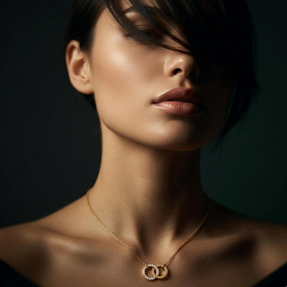 Derosa Jewels Lab Grown Diamond Circle Necklace for Women in 10KT 14KT 18KT Gold (Yellow, White, Rose) | Double Circle Pendant | 16 Inch Necklace with 18 Inch Extension Chain