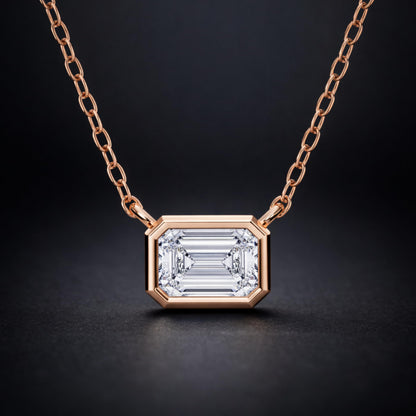 0.50 Carat East West Emerald Cut Lab Grown Diamond Pendant Necklace | Solid 10K 14K 18K Gold | Horizontal Solitaire Necklace in Rose, White, or Yellow Gold | Dainty Fine Jewelry Gift for Women