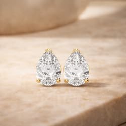 Certified 2-5 Carat Pear Cut Diamond Stud Earrings for Women – Classic Solitaire 3 Prong Setting – 10K, 14K & 18K – White Gold, Yellow Gold & Rose Gold