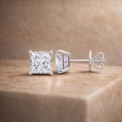 Certified 2-5 Carat Princess Cut Diamond Stud Earrings for Women – Push Back Solitaire Princess Diamond Studs in 10K, 14K & 18K Gold – Rose, White and Yellow Gold