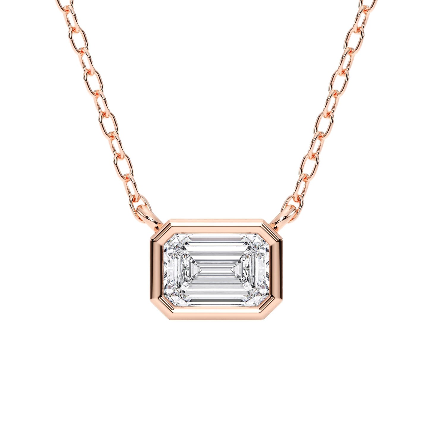 1 Carat East West Emerald Cut Lab Grown Diamond Solitaire Pendant | Solid 10K 14K 18K Gold | Bezel Set Horizontal Necklace in Rose, White, or Yellow Gold | Timeless Fine Jewelry Gift for Her