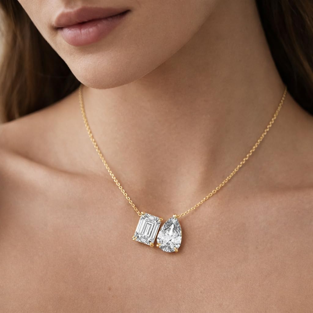Derosa Jewels Two-Stone Diamond Duo Pendant Necklace for Women, Emerald & Pear Cut Lab-Grown Diamond – 10K 14K 18K Gold & 14K White Gold with Sterling Silver Chain