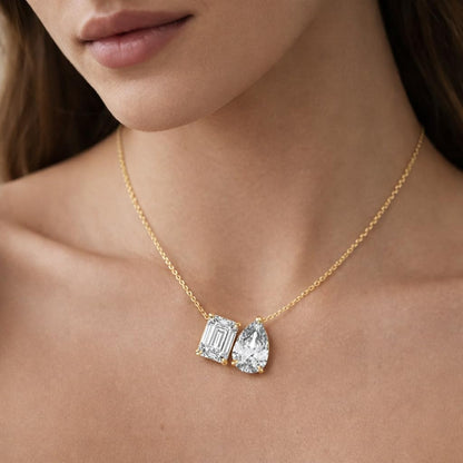 Derosa Jewels Two-Stone Diamond Duo Pendant Necklace for Women, Emerald & Pear Cut Lab-Grown Diamond – 10K 14K 18K Gold & 14K White Gold with Sterling Silver Chain