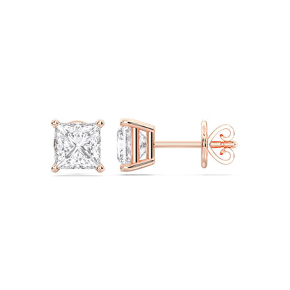 Certified 2-5 Carat Princess Cut Diamond Stud Earrings for Women – Push Back Solitaire Princess Diamond Studs in 10K, 14K & 18K Gold – Rose, White and Yellow Gold