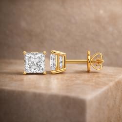 Certified 2-5 Carat Princess Cut Diamond Stud Earrings for Women – Push Back Solitaire Princess Diamond Studs in 10K, 14K & 18K Gold – Rose, White and Yellow Gold