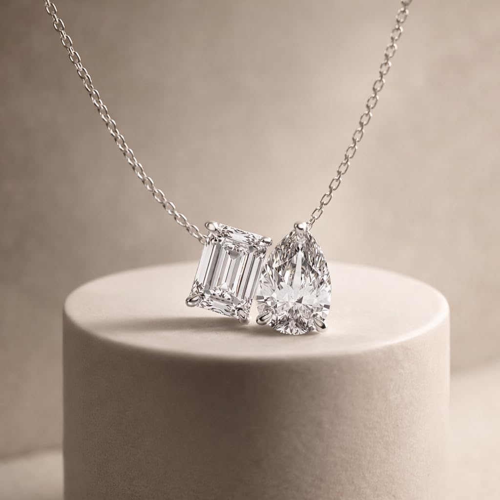 Derosa Jewels Two-Stone Diamond Duo Pendant Necklace for Women, Emerald & Pear Cut Lab-Grown Diamond – 10K 14K 18K Gold & 14K White Gold with Sterling Silver Chain