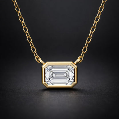 0.50 Carat East West Emerald Cut Lab Grown Diamond Pendant Necklace | Solid 10K 14K 18K Gold | Horizontal Solitaire Necklace in Rose, White, or Yellow Gold | Dainty Fine Jewelry Gift for Women