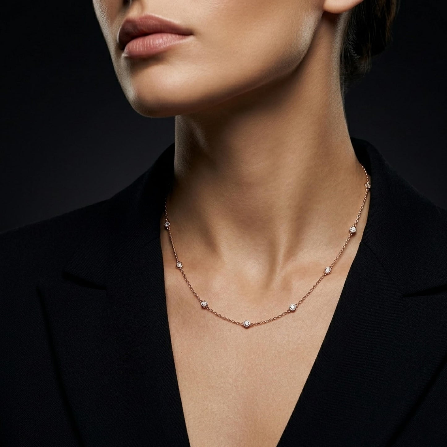 Derosa Jewels Lab Grown Diamond Station Necklace 4 CT Total (15 Stone) – 10K 14K 18K Solid Gold, Bezel Set Round Diamonds, 16"+2" Adjustable Chain, Yellow White Rose Gold