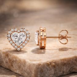Certified Heart Halo Diamond Stud Earrings for Women – Heart Shape Diamond Earrings in 10K, 14K & 18K – Rose, White and Yellow Gold