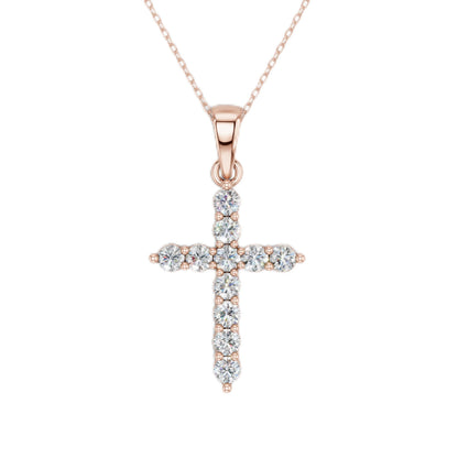 Lab Grown Diamond Double Prong Cross Pendant Necklace for Women | 0.25 - 1.00 Carat Round Cut F-G/VS Diamonds | Solid 10K/14K/18K Rose, White, Yellow Gold | 18 Inch Chain Religious Jewelry Gift