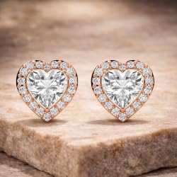Certified Heart Halo Diamond Stud Earrings for Women – Heart Shape Diamond Earrings in 10K, 14K & 18K – Rose, White and Yellow Gold
