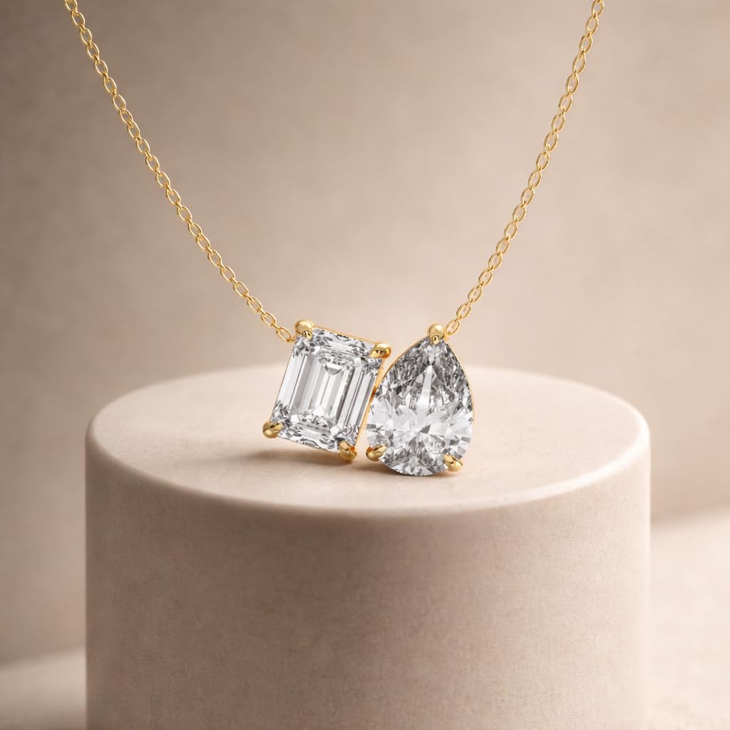 Derosa Jewels Two-Stone Diamond Duo Pendant Necklace for Women, Emerald & Pear Cut Lab-Grown Diamond – 10K 14K 18K Gold & 14K White Gold with Sterling Silver Chain