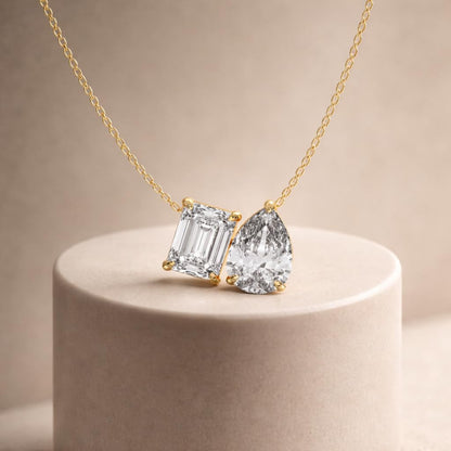 Derosa Jewels Two-Stone Diamond Duo Pendant Necklace for Women, Emerald & Pear Cut Lab-Grown Diamond – 10K 14K 18K Gold & 14K White Gold with Sterling Silver Chain