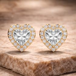 Certified Heart Halo Diamond Stud Earrings for Women – Heart Shape Diamond Earrings in 10K, 14K & 18K – Rose, White and Yellow Gold