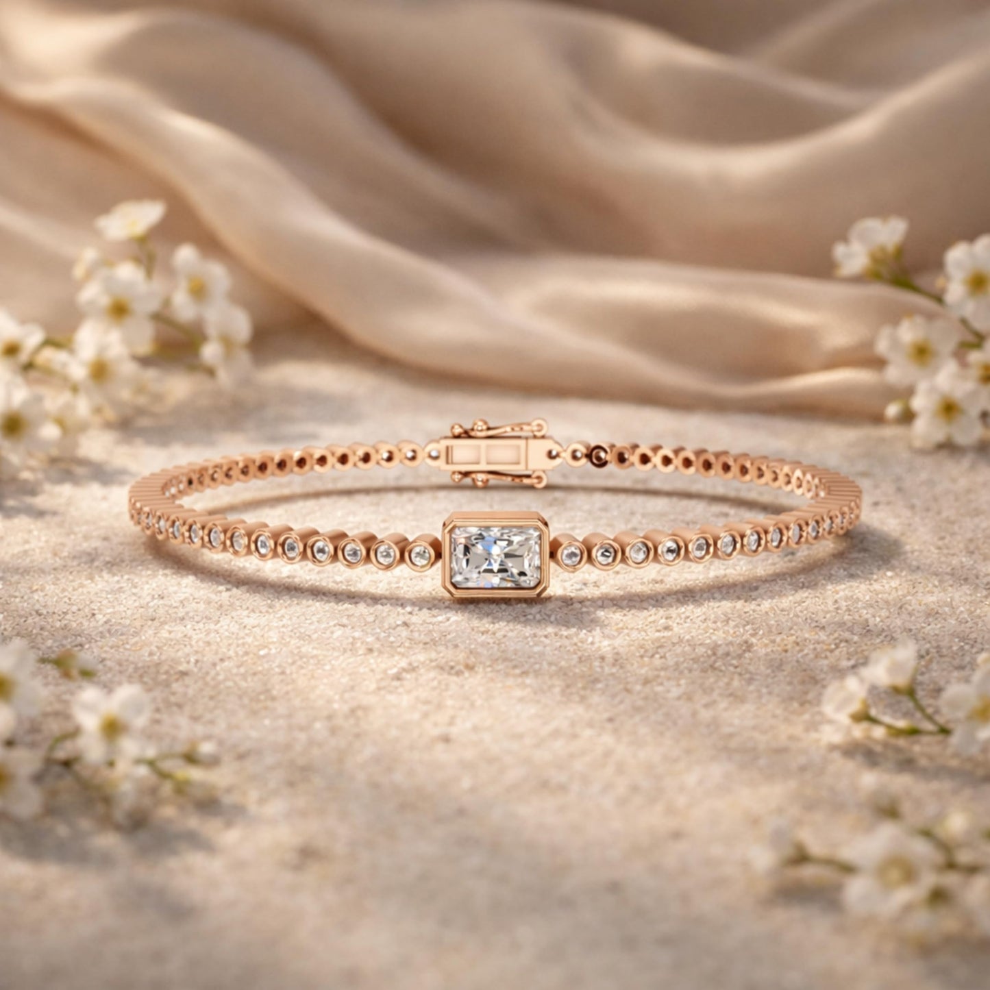 Derosa Jewels Certified Radiant Cut Lab Grown Diamond Tennis Bracelet for Women – 7 Inch, Sterling Silver, Yellow Gold Plated or Rose Gold Plated, Radiant Center Stone Diamond Bracelet