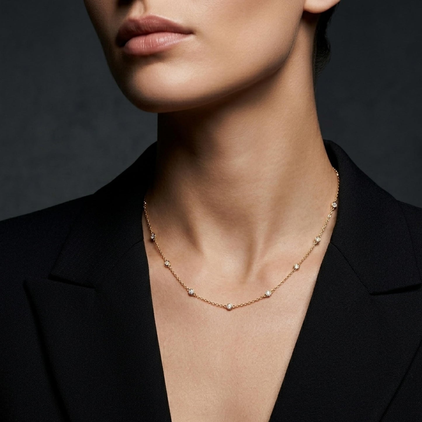 Derosa Jewels Lab Grown Diamond Station Necklace 4 CT Total (15 Stone) – 10K 14K 18K Solid Gold, Bezel Set Round Diamonds, 16"+2" Adjustable Chain, Yellow White Rose Gold