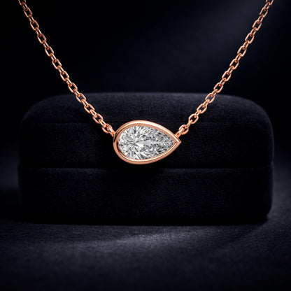 Derosa Jewels 1 Carat Pear Cut East West Lab Grown Diamond Pendant Necklace for Women | 10K 14K 18K Yellow White Rose Gold | Bezel Set Solitaire Diamond Necklace | Elegant Fine Jewelry Gift for Her