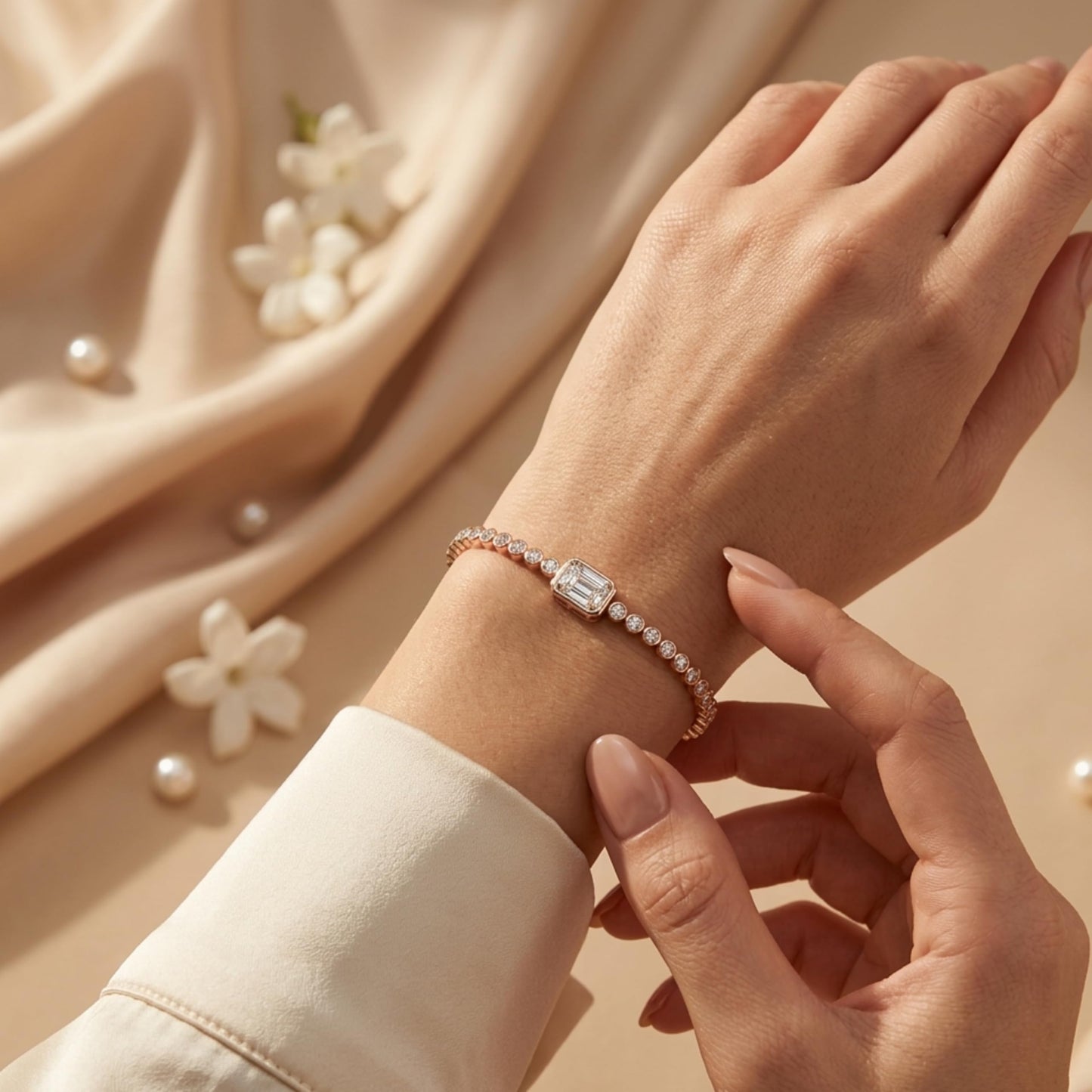Derosa Jewels Certified Radiant Cut Lab Grown Diamond Tennis Bracelet for Women – 7 Inch, Sterling Silver, Yellow Gold Plated or Rose Gold Plated, Radiant Center Stone Diamond Bracelet