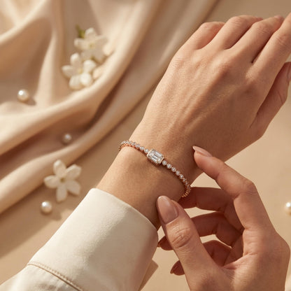 Derosa Jewels Certified Radiant Cut Lab Grown Diamond Tennis Bracelet for Women – 7 Inch, Sterling Silver, Yellow Gold Plated or Rose Gold Plated, Radiant Center Stone Diamond Bracelet