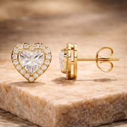 Certified Heart Halo Diamond Stud Earrings for Women – Heart Shape Diamond Earrings in 10K, 14K & 18K – Rose, White and Yellow Gold