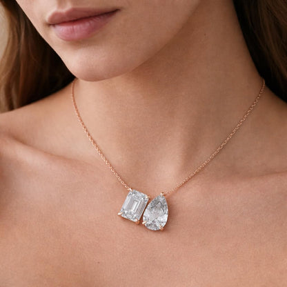 Derosa Jewels Two-Stone Diamond Duo Pendant Necklace for Women, Emerald & Pear Cut Lab-Grown Diamond – 10K 14K 18K Gold & 14K White Gold with Sterling Silver Chain