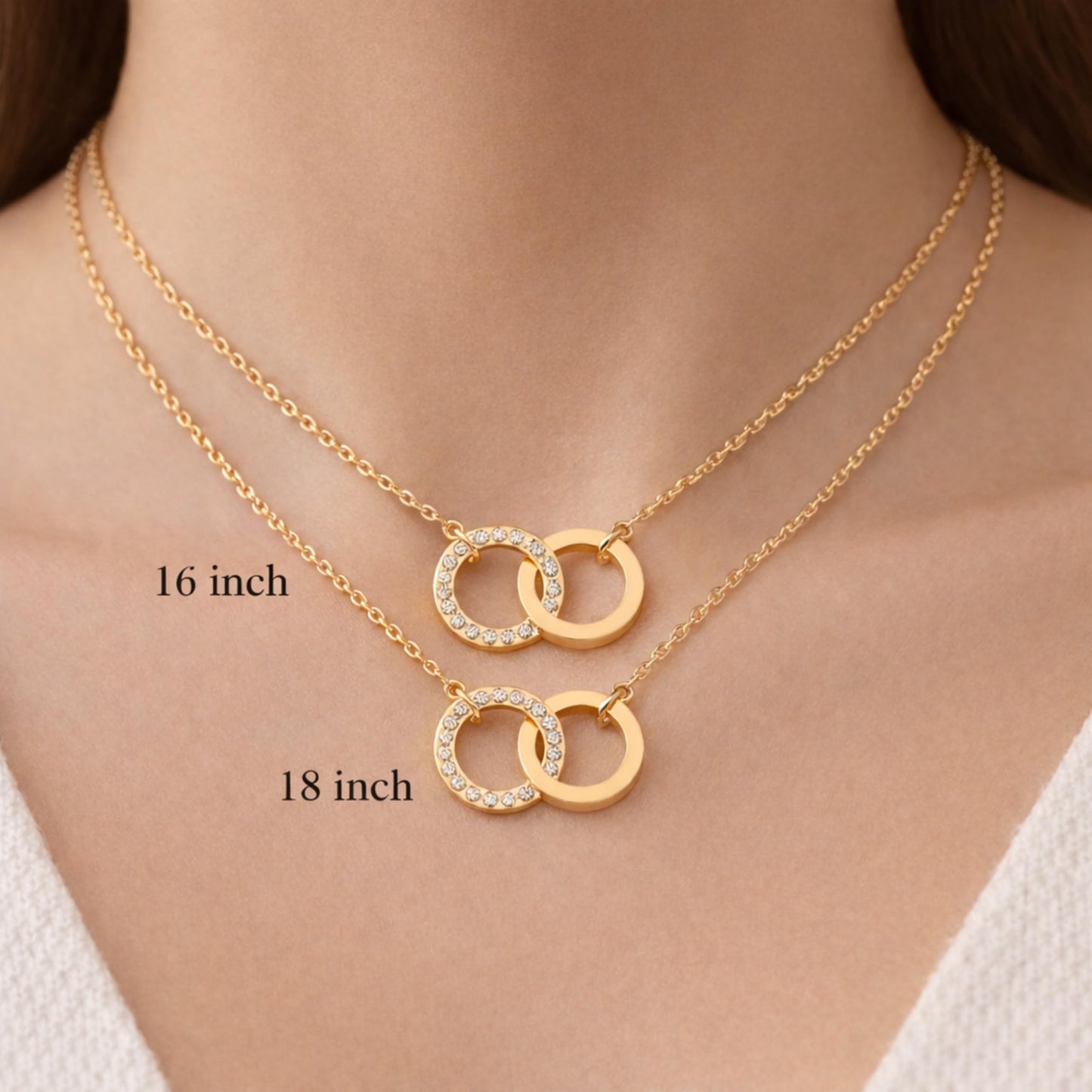 Derosa Jewels Lab Grown Diamond Circle Necklace for Women in 10KT 14KT 18KT Gold (Yellow, White, Rose) | Double Circle Pendant | 16 Inch Necklace with 18 Inch Extension Chain