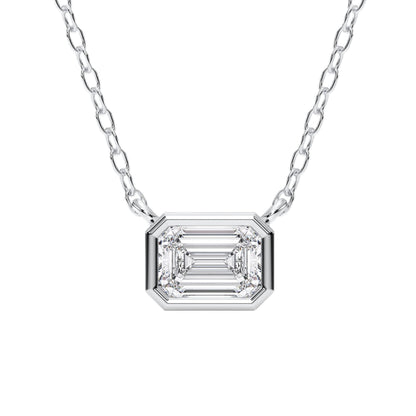 1 Carat East West Emerald Cut Lab Grown Diamond Solitaire Pendant | Solid 10K 14K 18K Gold | Bezel Set Horizontal Necklace in Rose, White, or Yellow Gold | Timeless Fine Jewelry Gift for Her