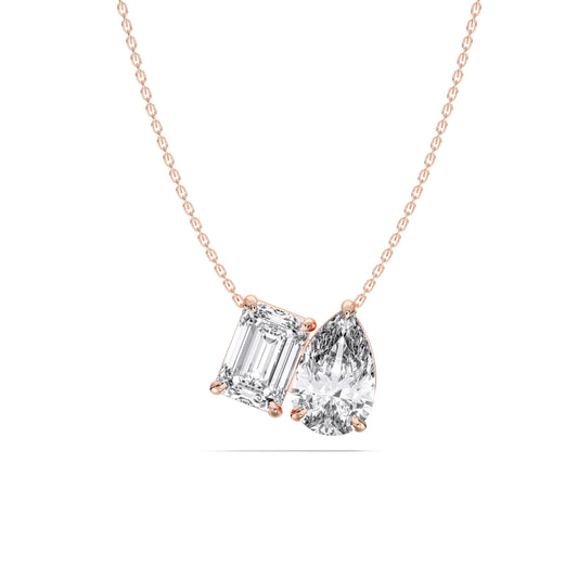 Derosa Jewels Two-Stone Diamond Duo Pendant Necklace for Women, Emerald & Pear Cut Lab-Grown Diamond – 10K 14K 18K Gold & 14K White Gold with Sterling Silver Chain