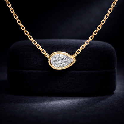Derosa Jewels 1 Carat Pear Cut East West Lab Grown Diamond Pendant Necklace for Women | 10K 14K 18K Yellow White Rose Gold | Bezel Set Solitaire Diamond Necklace | Elegant Fine Jewelry Gift for Her