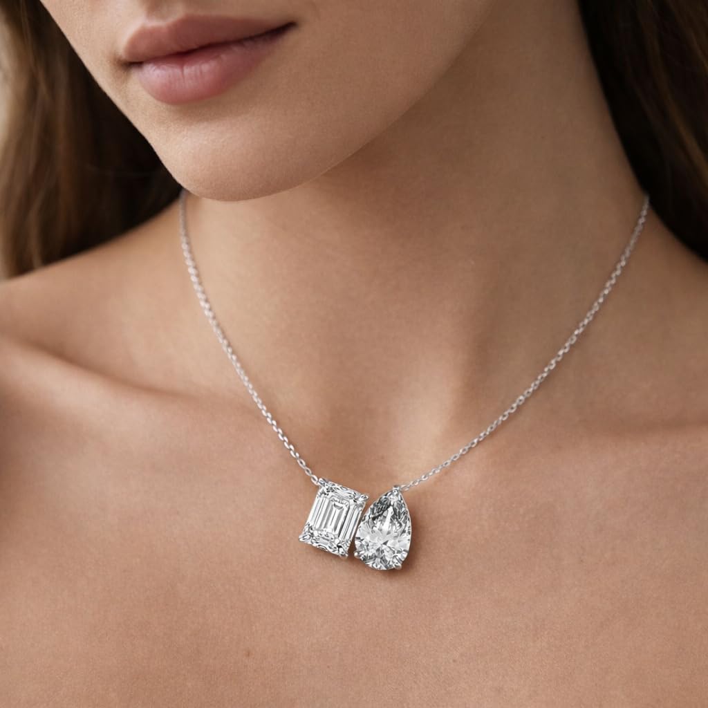 Derosa Jewels Two-Stone Diamond Duo Pendant Necklace for Women, Emerald & Pear Cut Lab-Grown Diamond – 10K 14K 18K Gold & 14K White Gold with Sterling Silver Chain