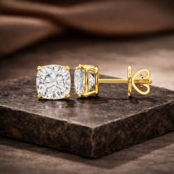 Certified 2-5 Carat Cushion Cut Diamond Stud Earrings for Women – Solitaire 4 Prong Setting – 10K, 14K & 18K – White Gold, Yellow Gold & Rose Gold