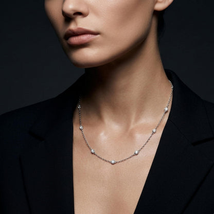 Derosa Jewels Lab Grown Diamond Station Necklace 4 CT Total (15 Stone) – 10K 14K 18K Solid Gold, Bezel Set Round Diamonds, 16"+2" Adjustable Chain, Yellow White Rose Gold