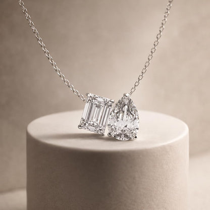 Derosa Jewels Two-Stone Diamond Duo Pendant Necklace for Women, Emerald & Pear Cut Lab-Grown Diamond – 10K 14K 18K Gold & 14K White Gold with Sterling Silver Chain