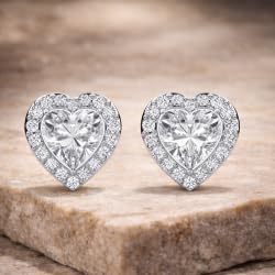 Certified Heart Halo Diamond Stud Earrings for Women – Heart Shape Diamond Earrings in 10K, 14K & 18K – Rose, White and Yellow Gold