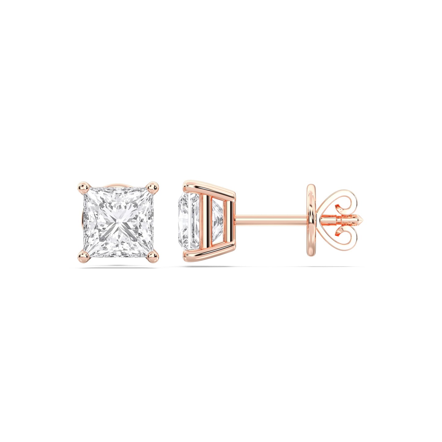 Certified 2-5 Carat Princess Cut Diamond Stud Earrings for Women – Push Back Solitaire Princess Diamond Studs in 10K, 14K & 18K Gold – Rose, White and Yellow Gold